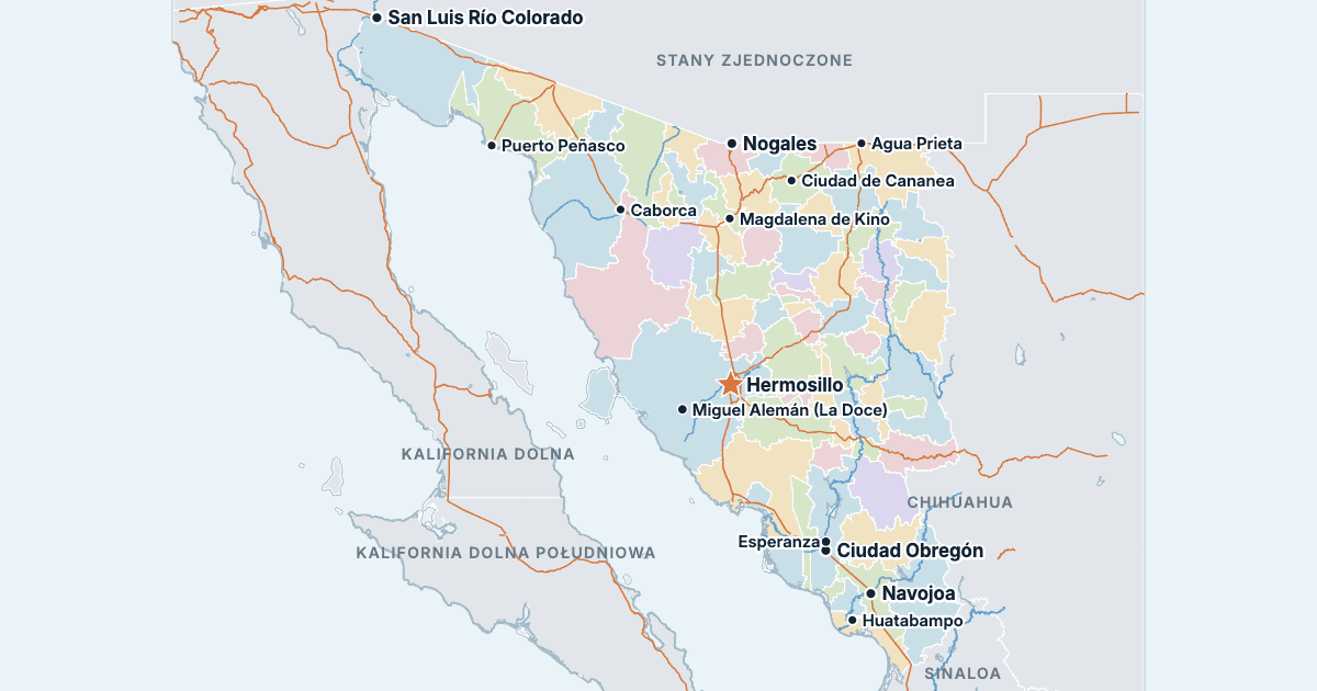 Mapa stanu Sonora z największymi miastami