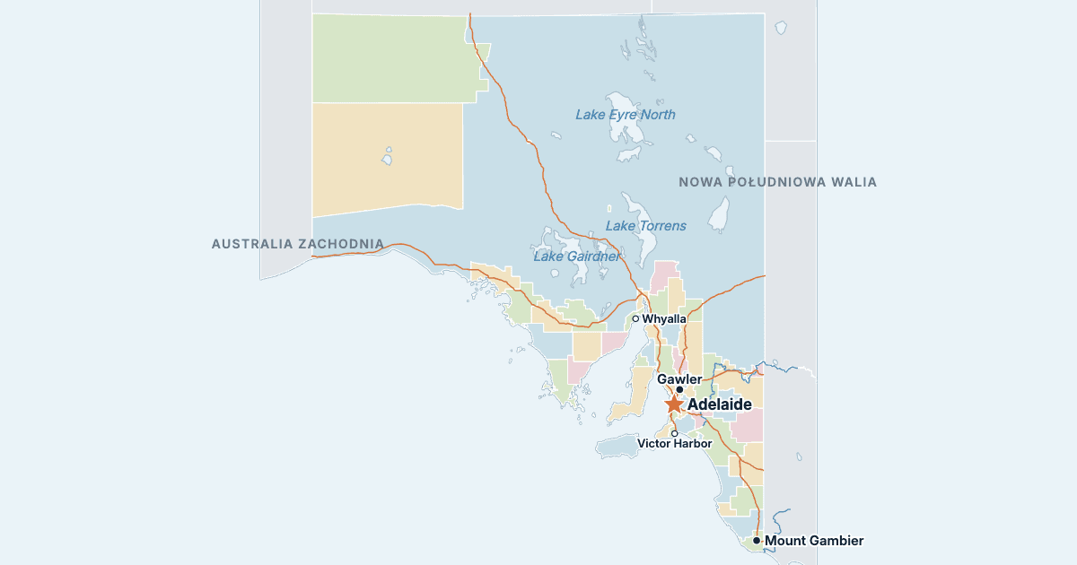 Mapa Australii Południowej z największymi miastami