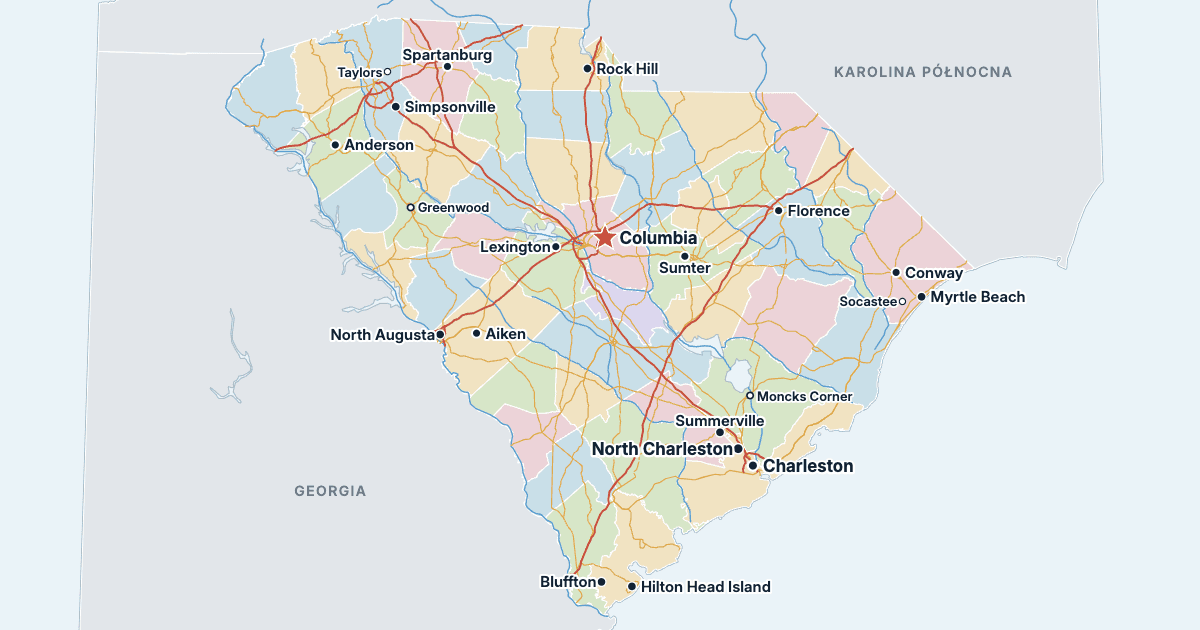 Mapa Karoliny Południowej z największymi miastami