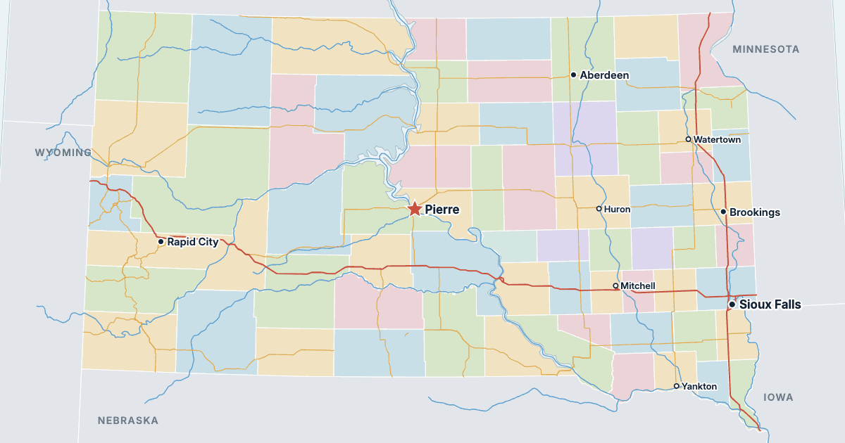 Mapa Dakoty Południowej z największymi miastami