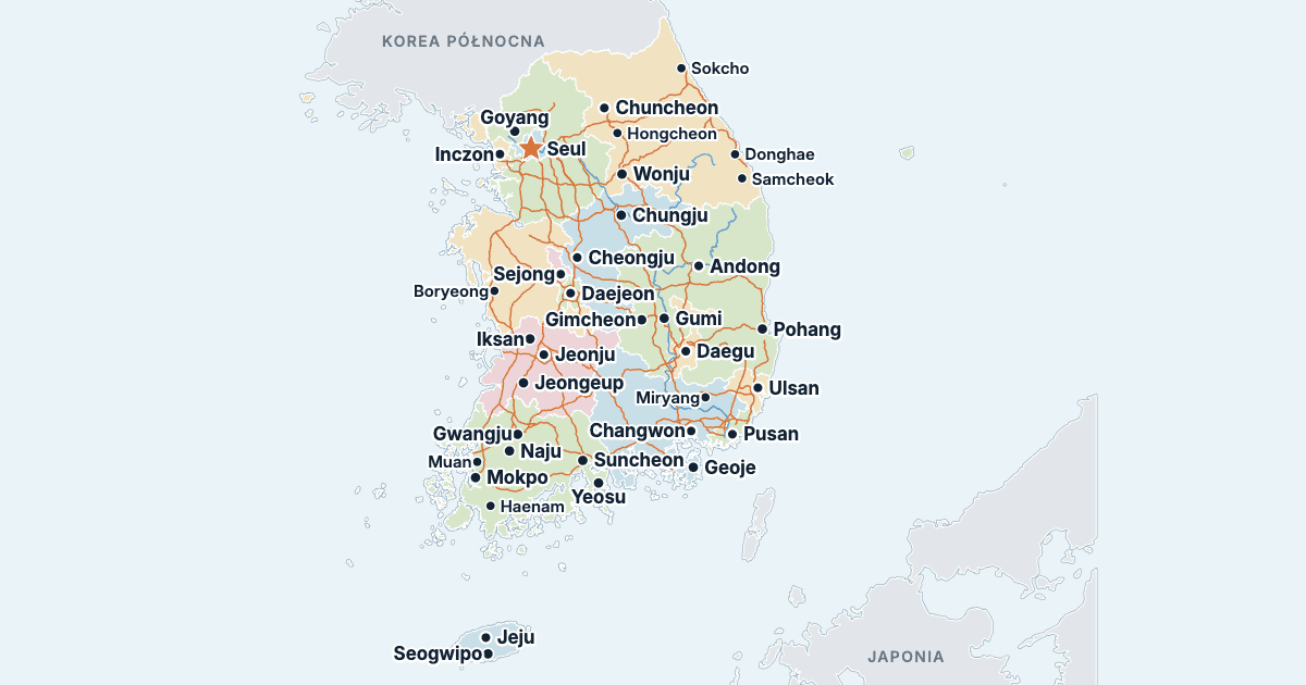 Mapa Korei Południowej z największymi miastami