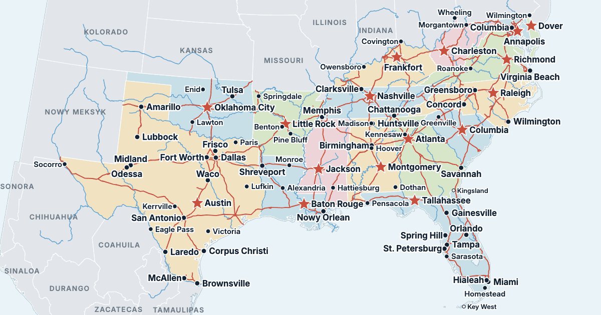 Mapa Południa USA ze stanami i największymi miastami