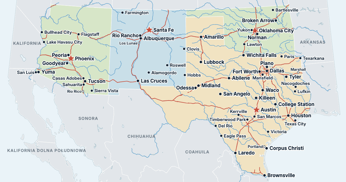 Mapa Południowego Zachodu USA ze stanami i największymi miastami
