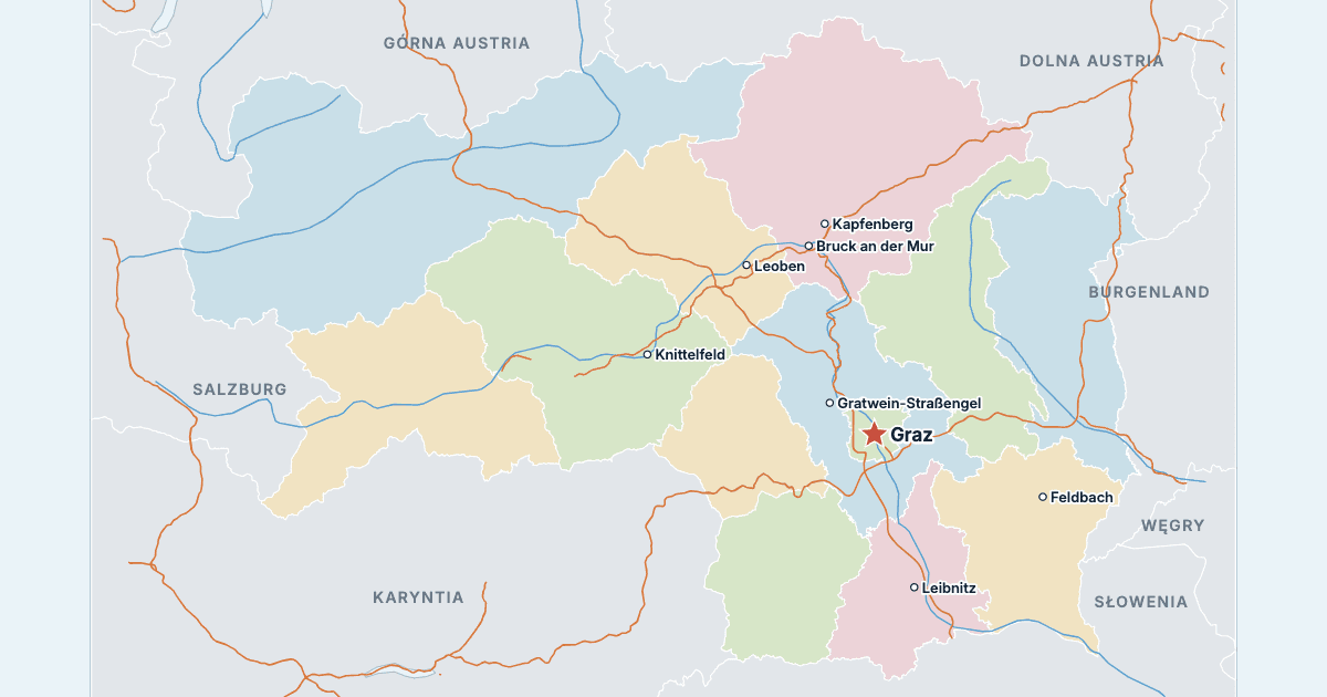 Mapa Styrii z największymi miastami