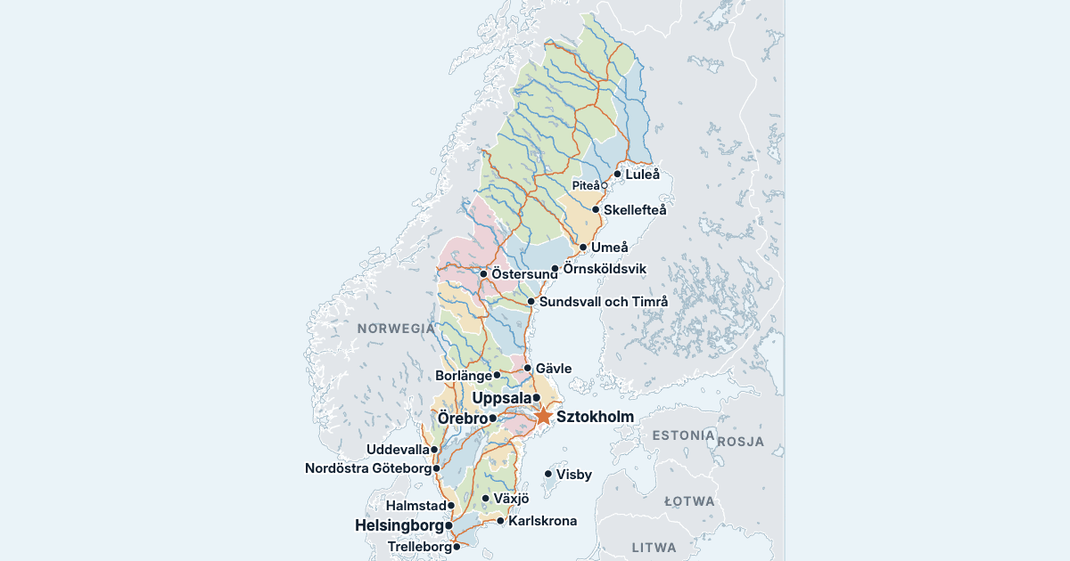 Krainy historyczne Szwecji – mapa z największymi miastami