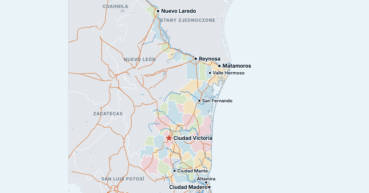Mapa stanu Tamaulipas z największymi miastami