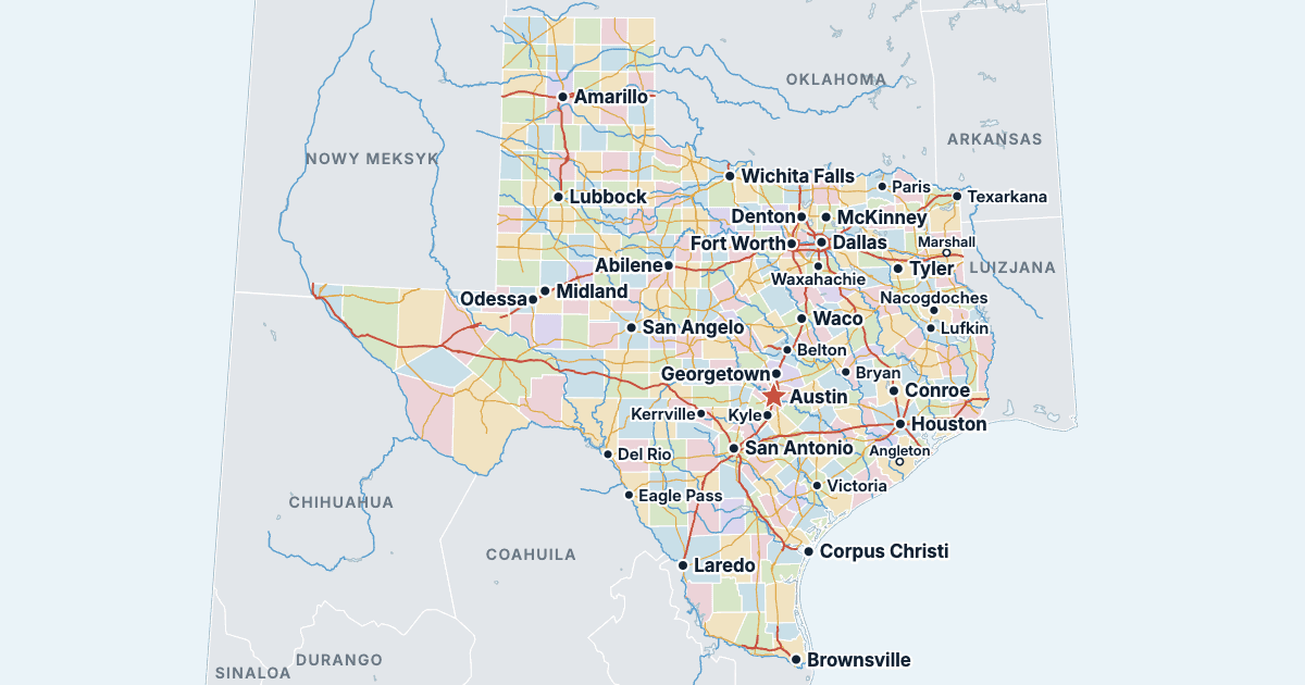 Mapa Teksasu z największymi miastami