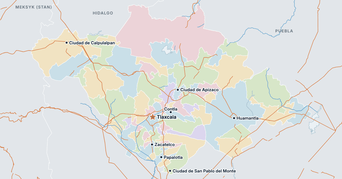 Mapa stanu Tlaxcala z największymi miastami