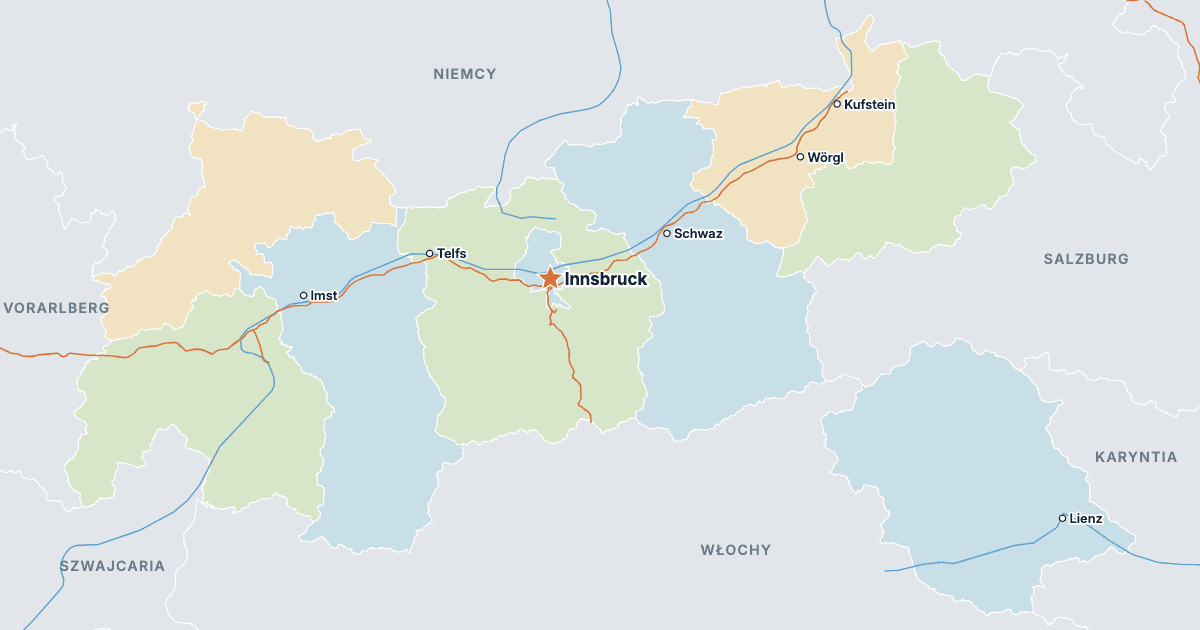 Mapa Tyrolu z największymi miastami
