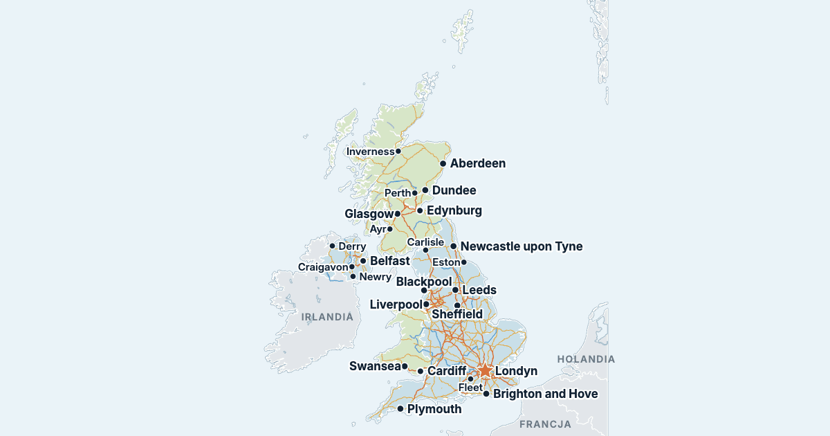 Mapa Wielkiej Brytanii z największymi miastami