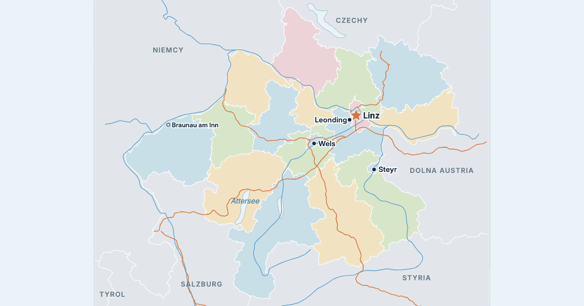 Mapa Górnej Austrii z największymi miastami