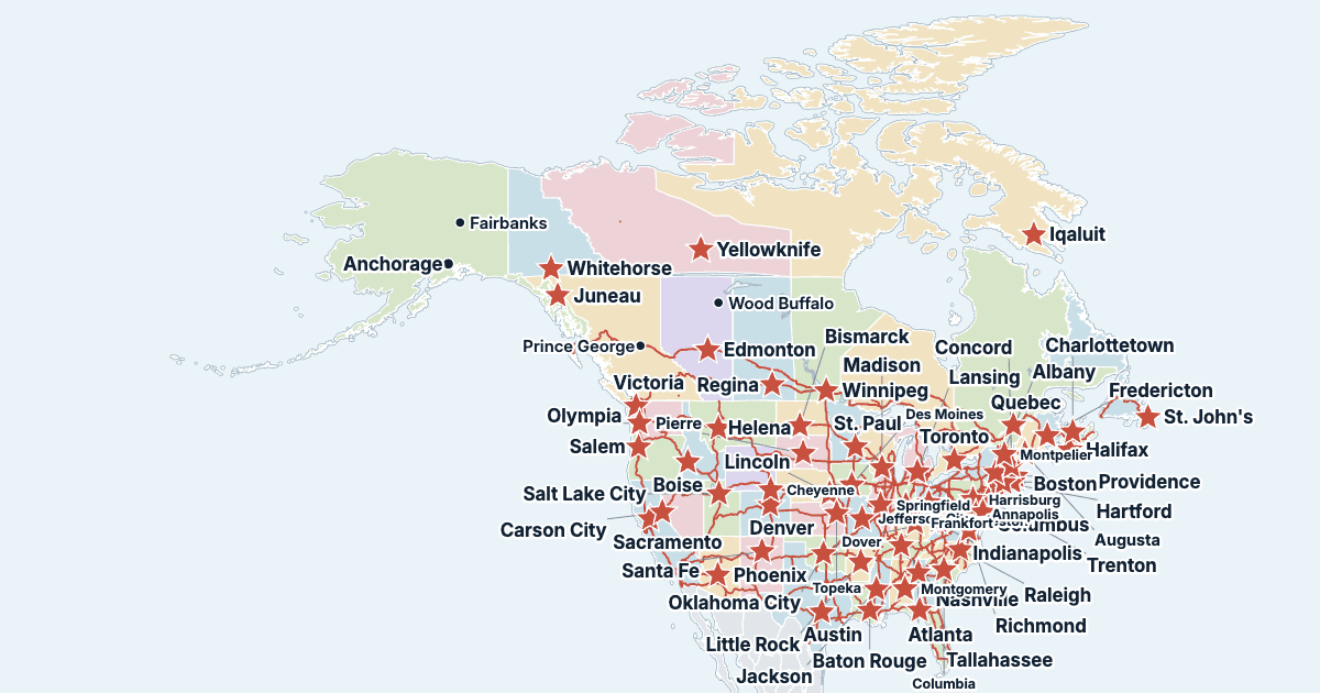 Mapa USA i Kanady ze stanami i największymi miastami
