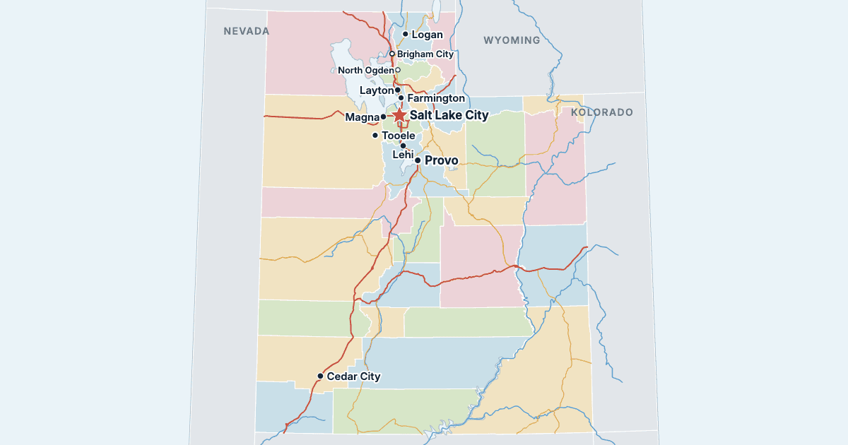 Mapa stanu Utah z największymi miastami