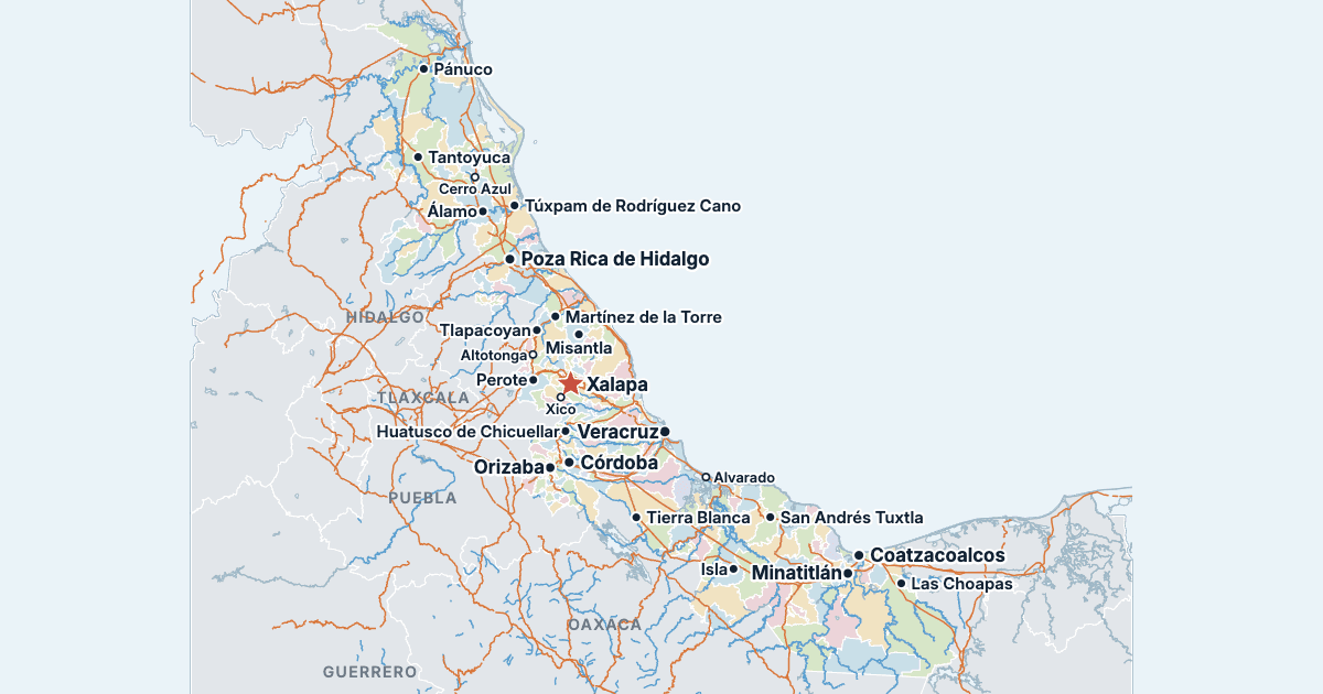 Mapa stanu Veracruz z największymi miastami