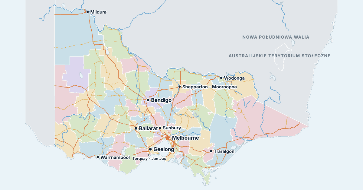 Mapa stanu Wiktoria z największymi miastami