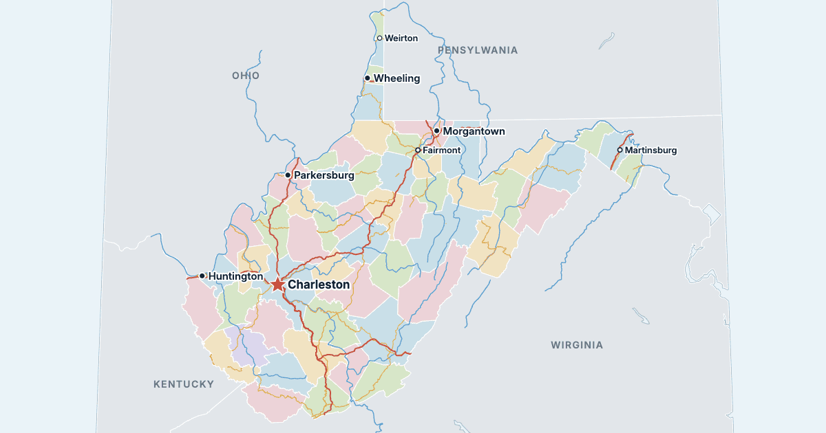 Mapa Wirginii Zachodniej z największymi miastami