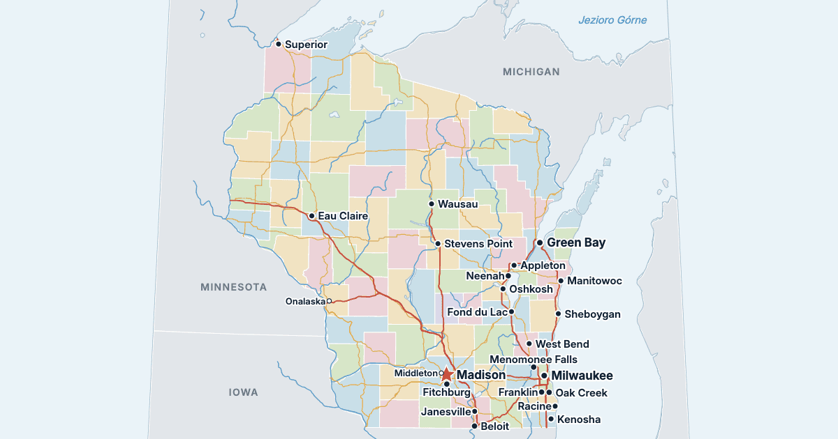 Mapa stanu Wisconsin z największymi miastami