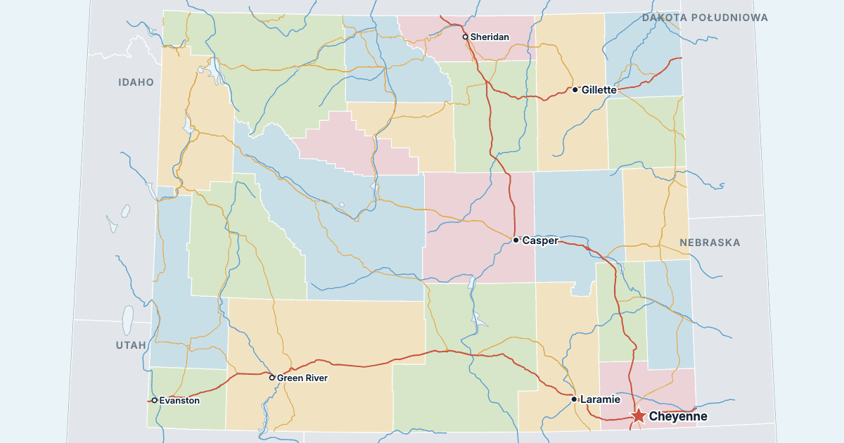Mapa stanu Wyoming z największymi miastami