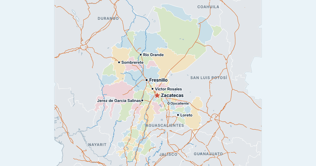 Mapa stanu Zacatecas z największymi miastami