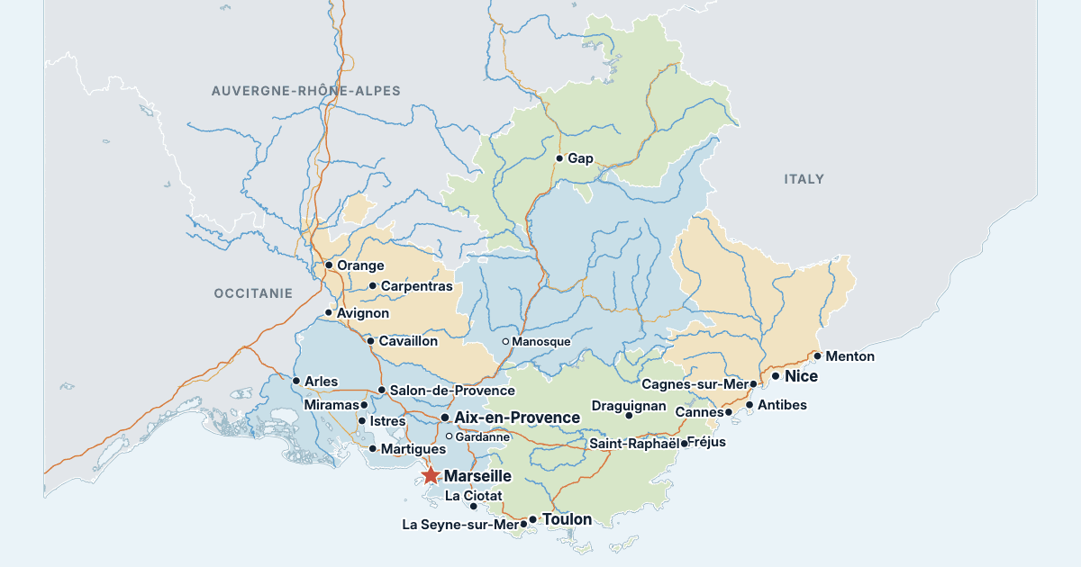 Map of Provence-Alpes-Côte d'Azur with its largest cities