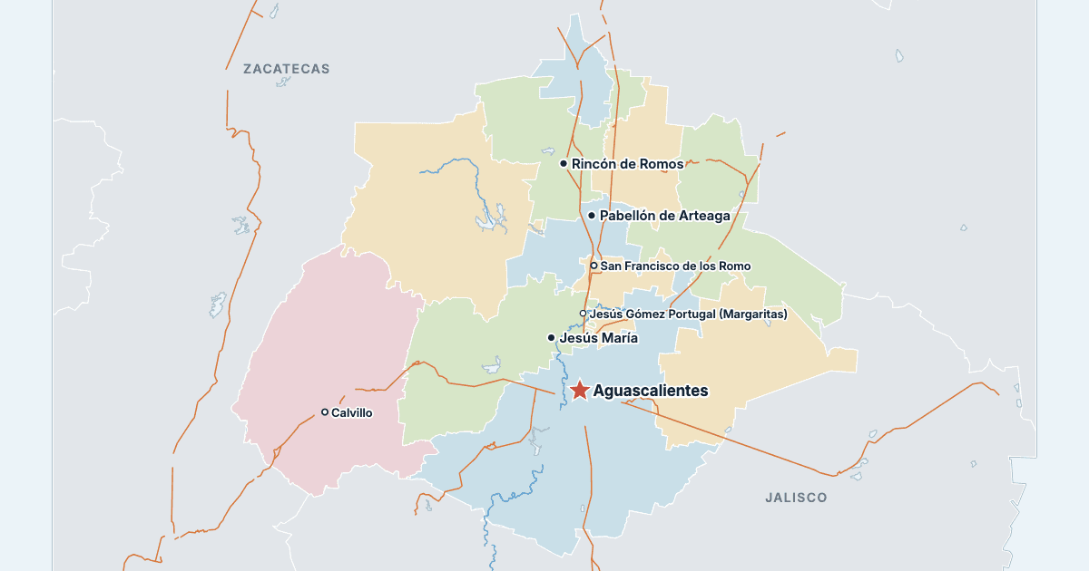 Mapa de Aguascalientes com as maiores cidades