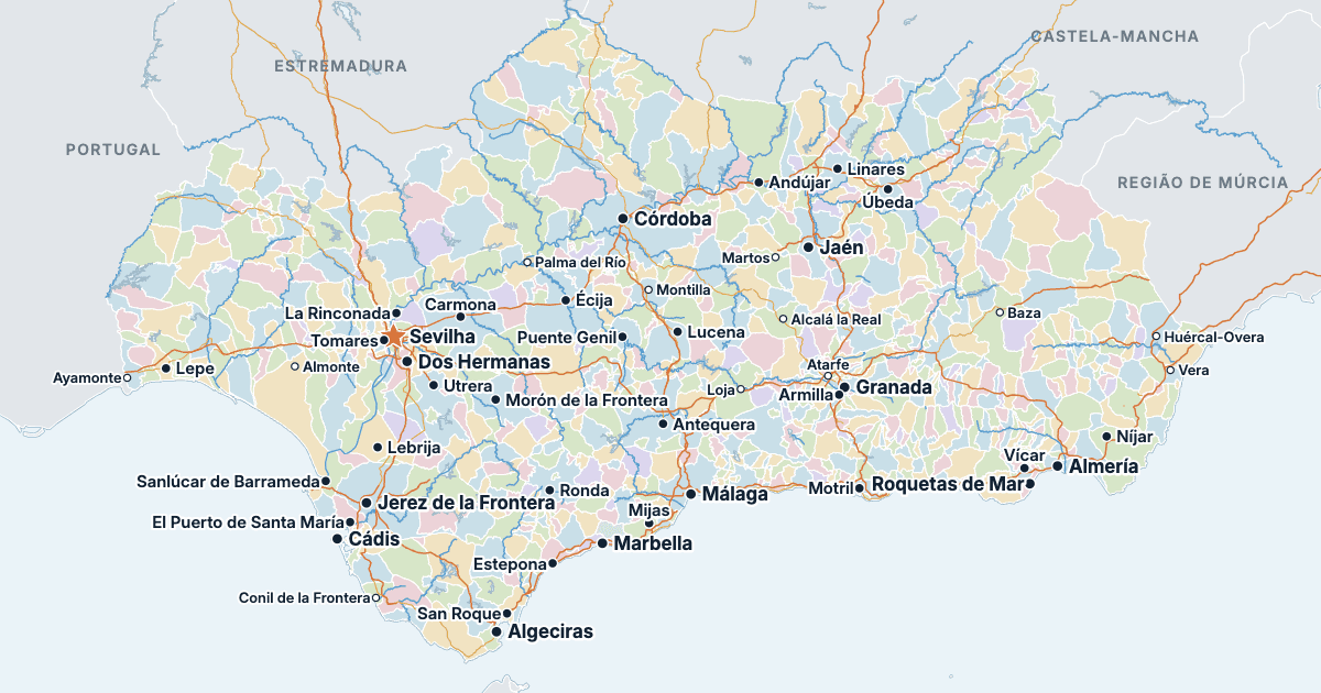 Mapa da Andaluzia com as maiores cidades