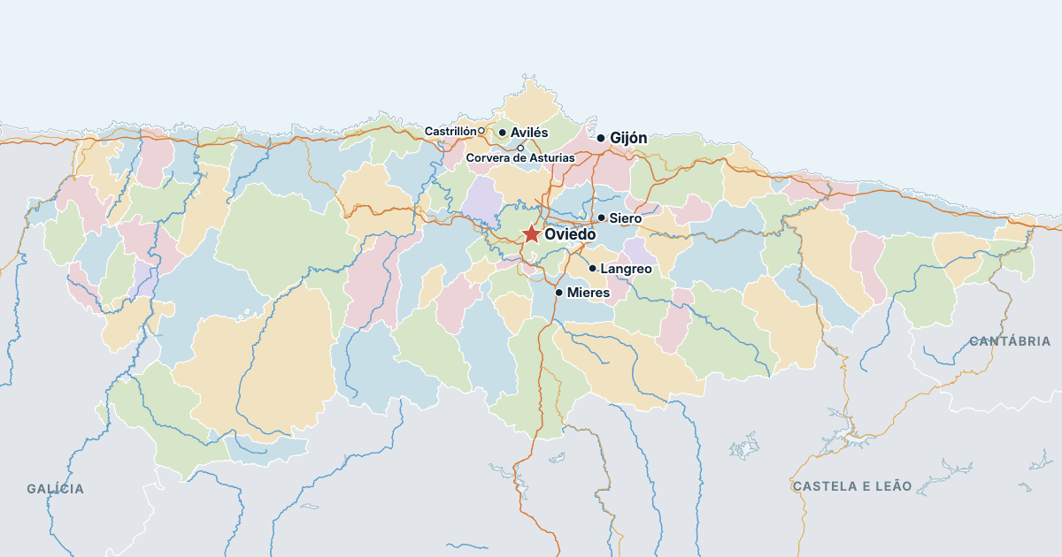 Mapa das Astúrias com as maiores cidades