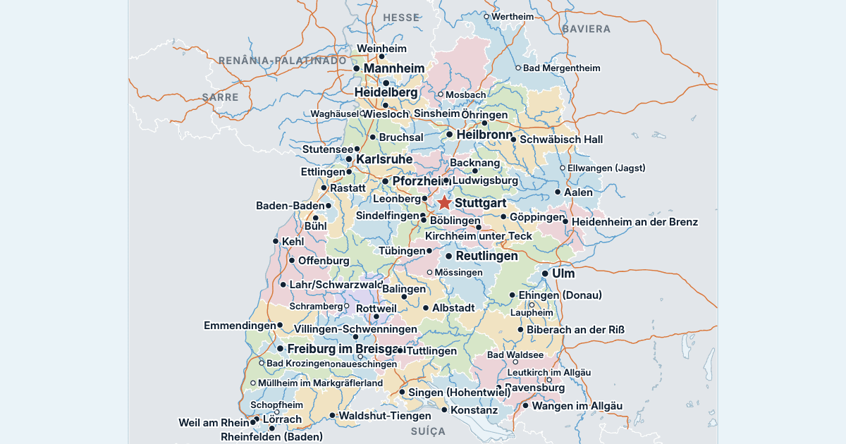 Mapa do Baden-Württemberg com as maiores cidades