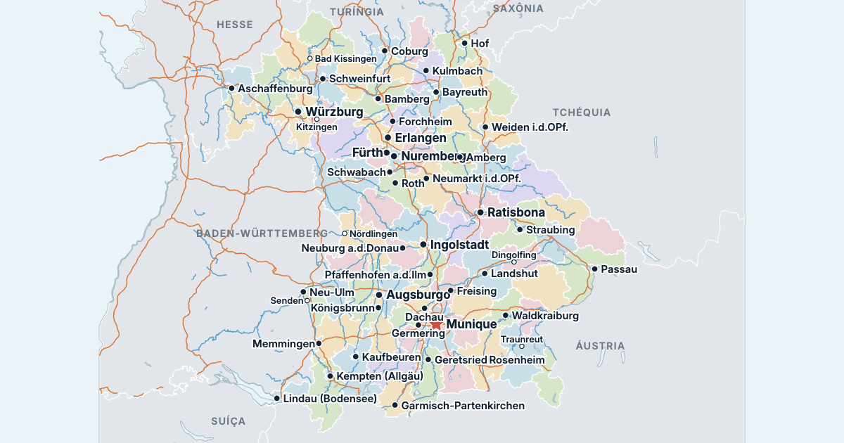 Mapa da Baviera com as maiores cidades
