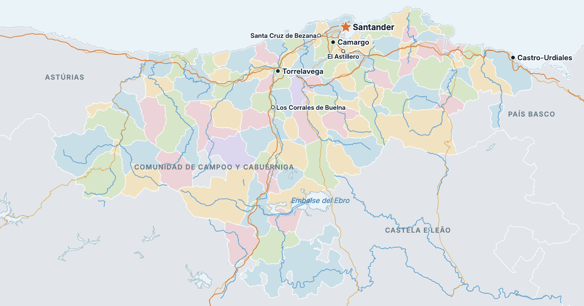 Mapa da Cantábria com as maiores cidades