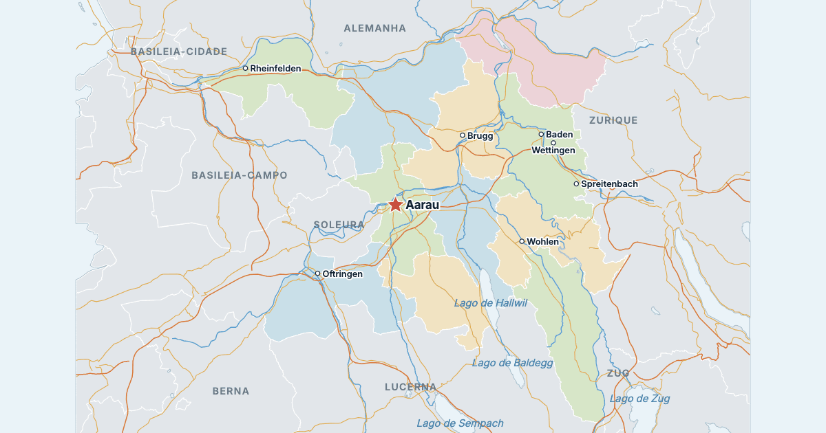 Mapa do cantão de Argóvia com as maiores cidades