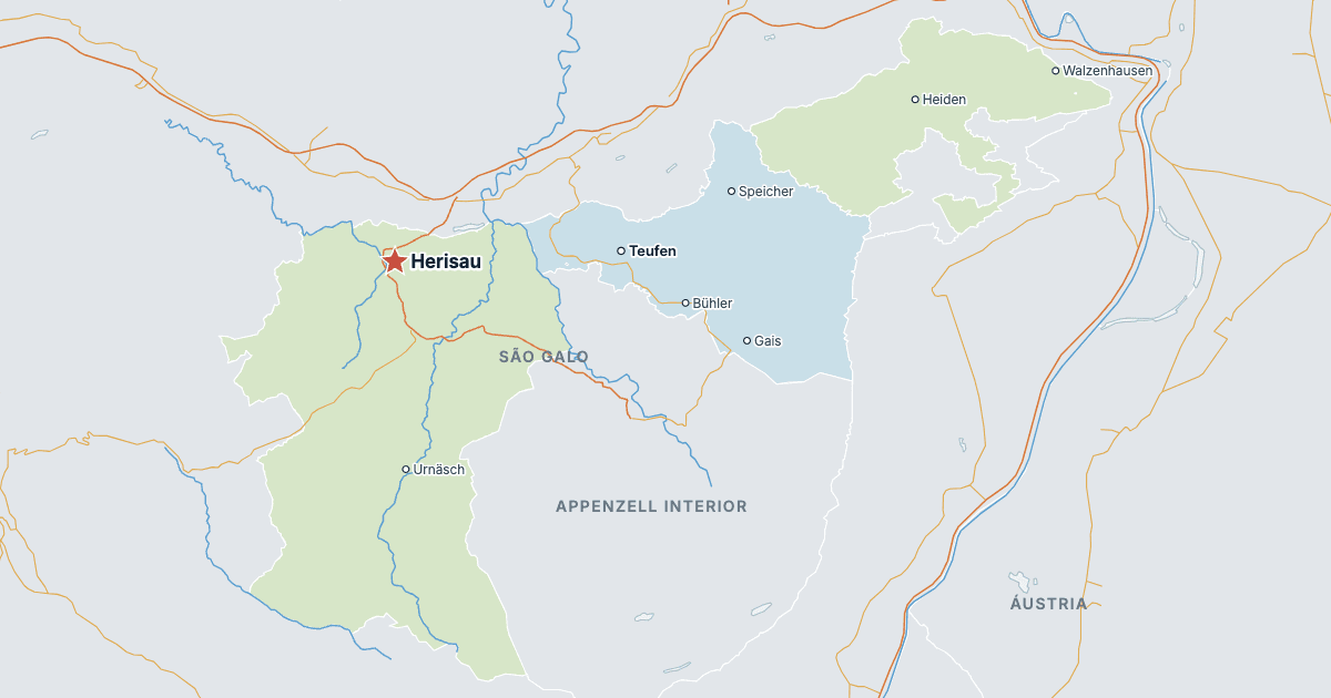 Mapa do cantão de Appenzell Exterior com as maiores cidades