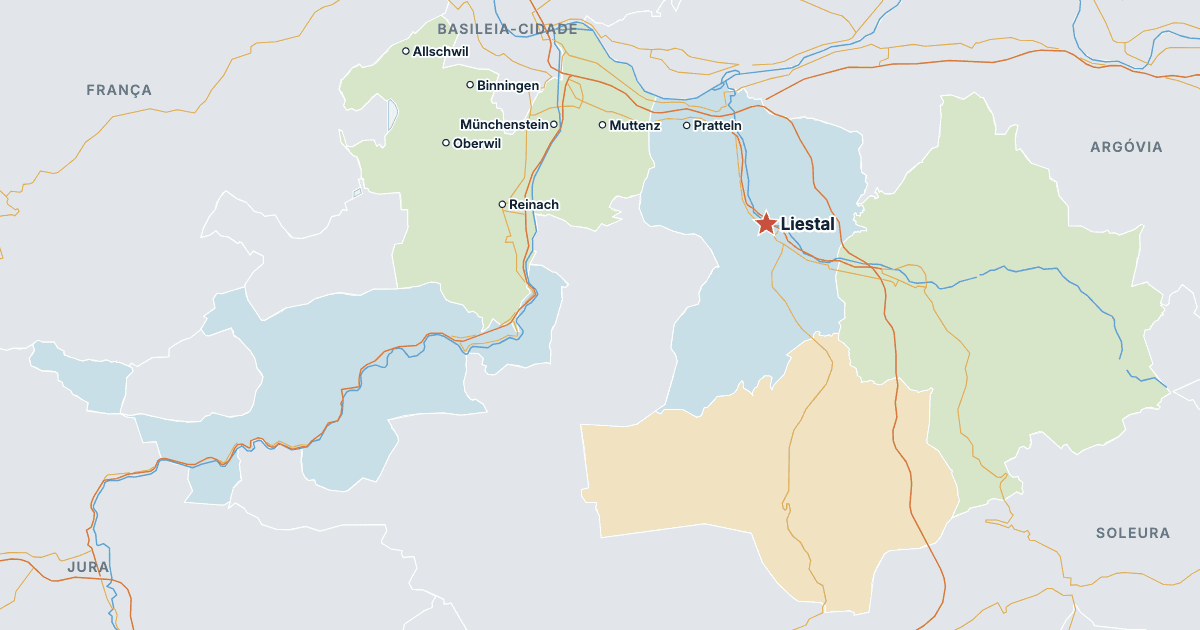 Mapa do cantão de Basileia-Campo com as maiores cidades