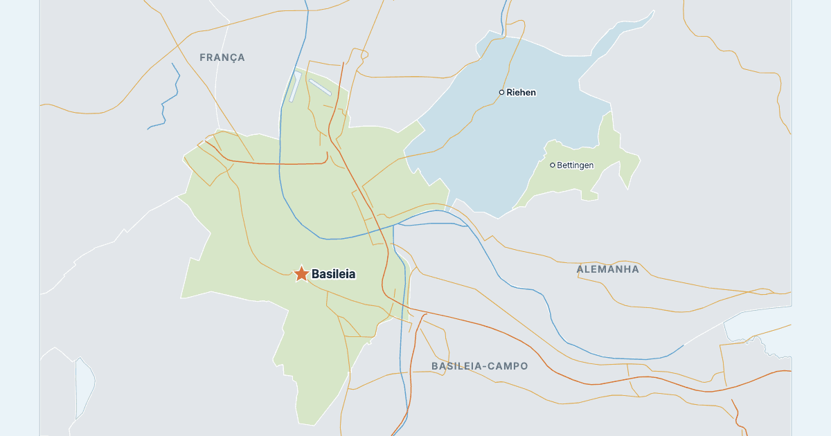 Mapa do cantão de Basileia-Cidade com as maiores cidades
