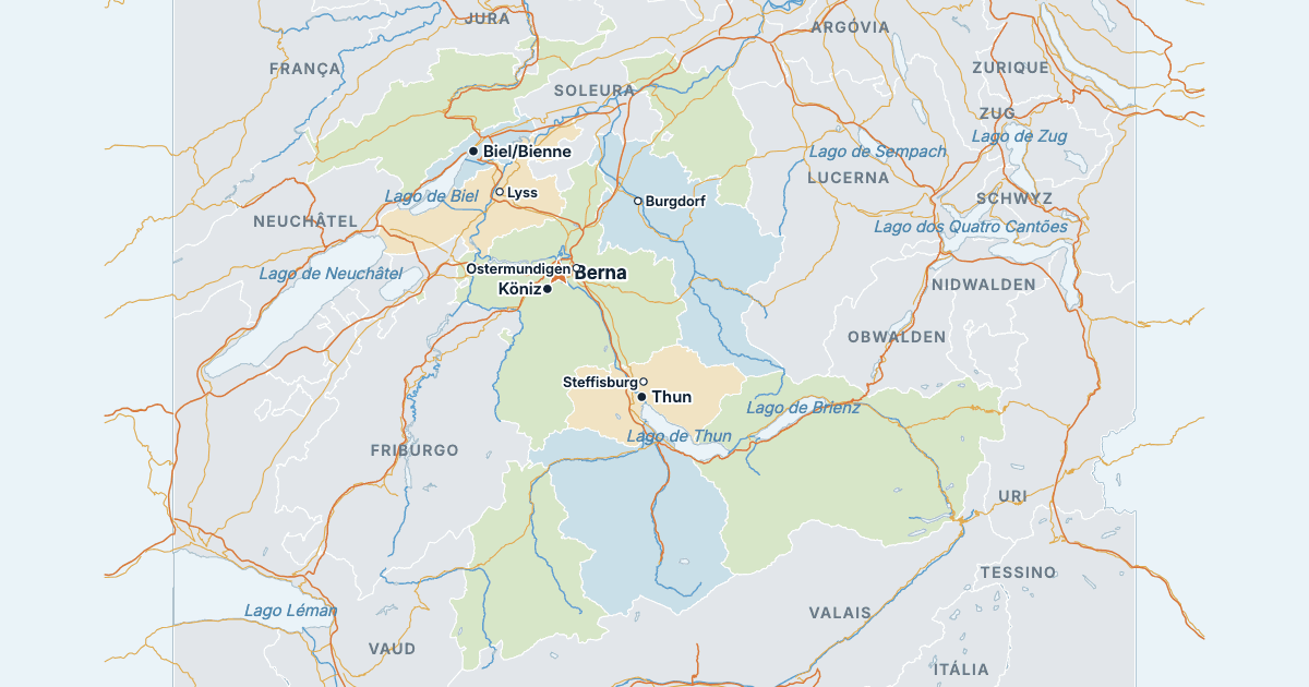 Mapa do cantão de Berna com as maiores cidades