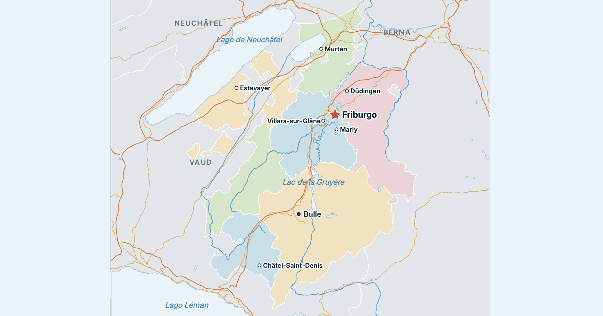 Mapa do cantão de Friburgo com as maiores cidades