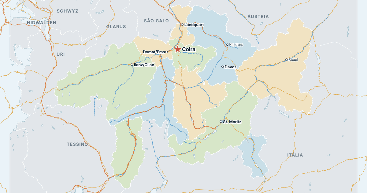 Mapa do cantão dos Grisões com as maiores cidades