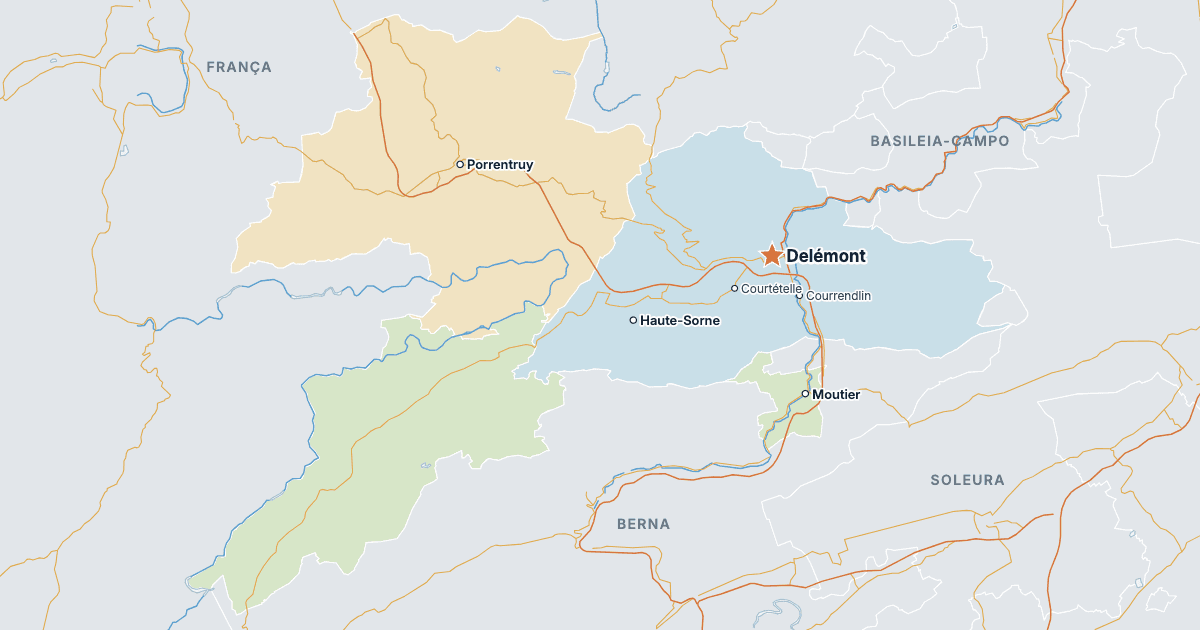 Mapa do cantão do Jura com as maiores cidades