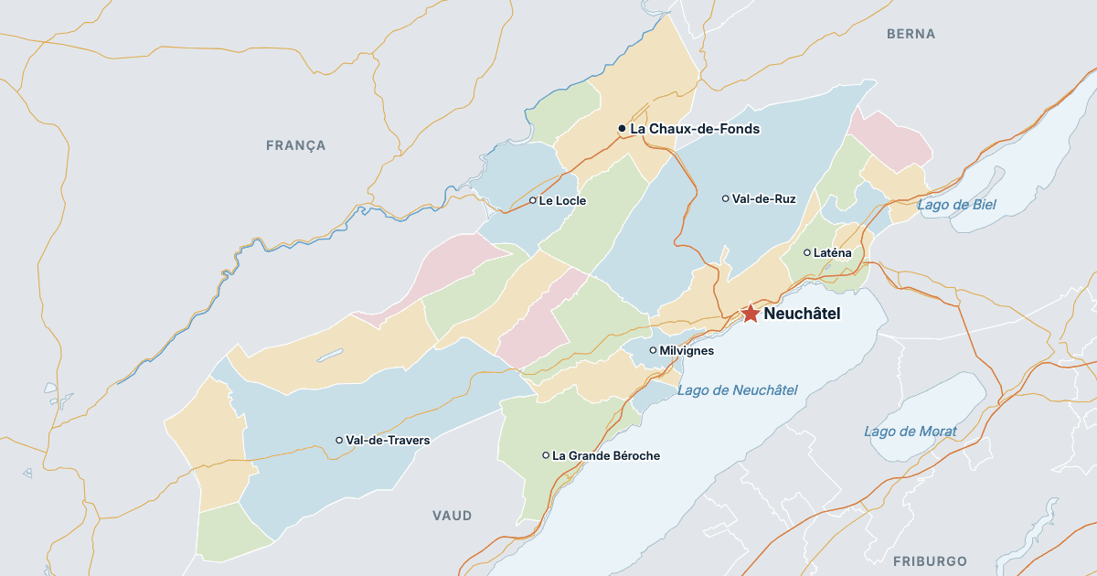 Mapa do cantão de Neuchâtel com as maiores cidades