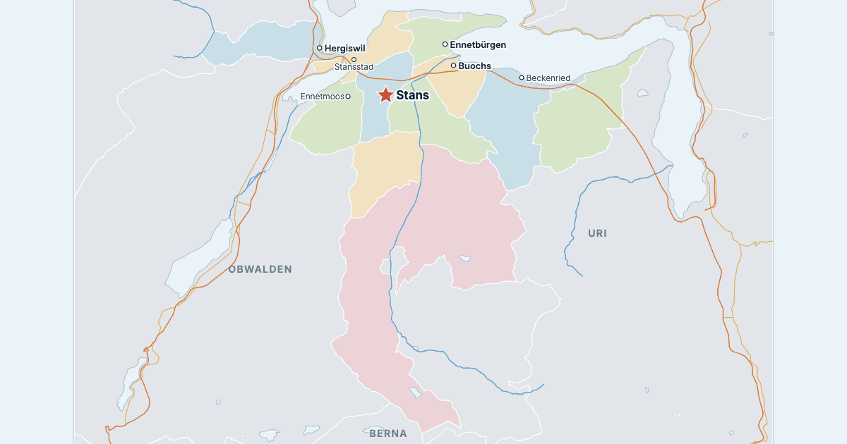 Mapa do cantão de Nidwalden com as maiores cidades