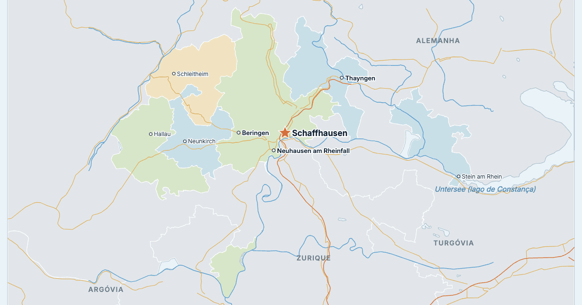 Mapa do cantão de Schaffhausen com as maiores cidades
