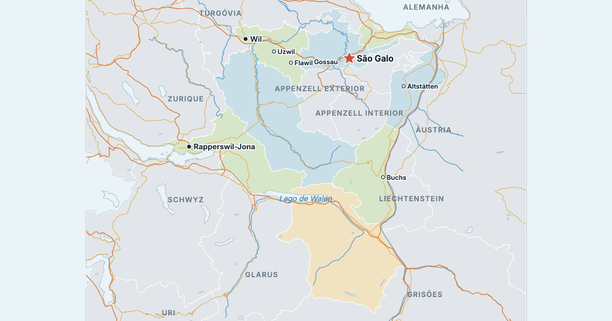 Mapa do cantão de São Galo com as maiores cidades