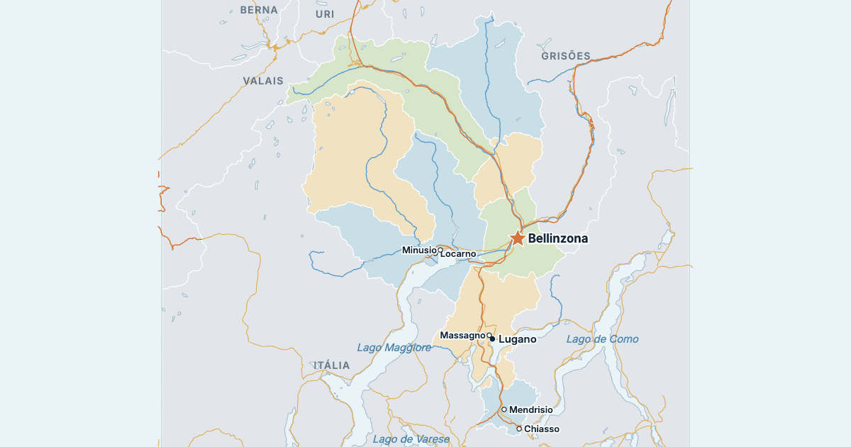 Mapa do cantão do Tessino com as maiores cidades