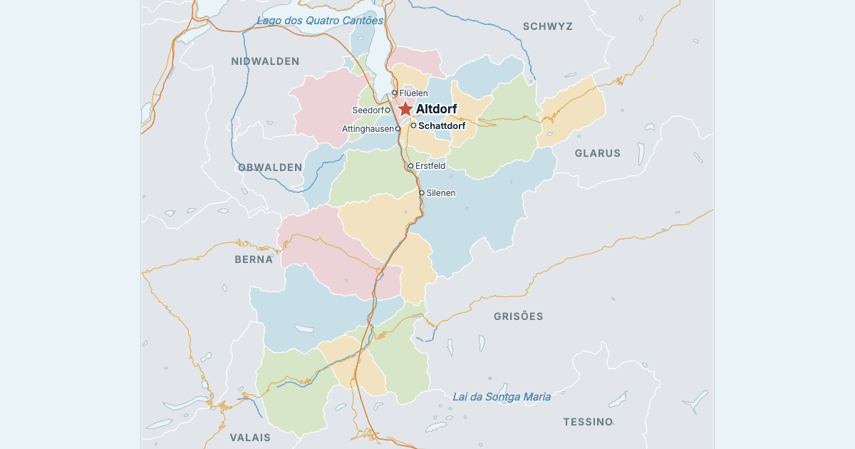Mapa do cantão de Uri com as maiores cidades
