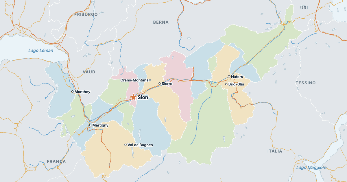 Mapa do cantão do Valais com as maiores cidades