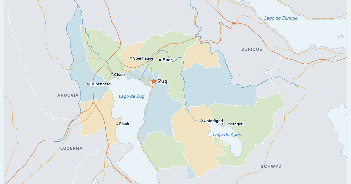 Mapa do cantão de Zug com as maiores cidades