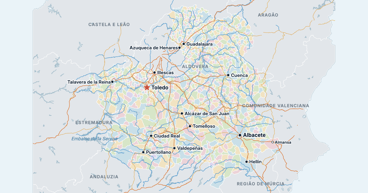 Mapa de Castela-Mancha com as maiores cidades