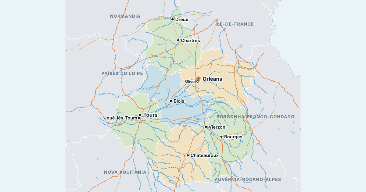 Mapa do Centro-Vale do Loire com as maiores cidades