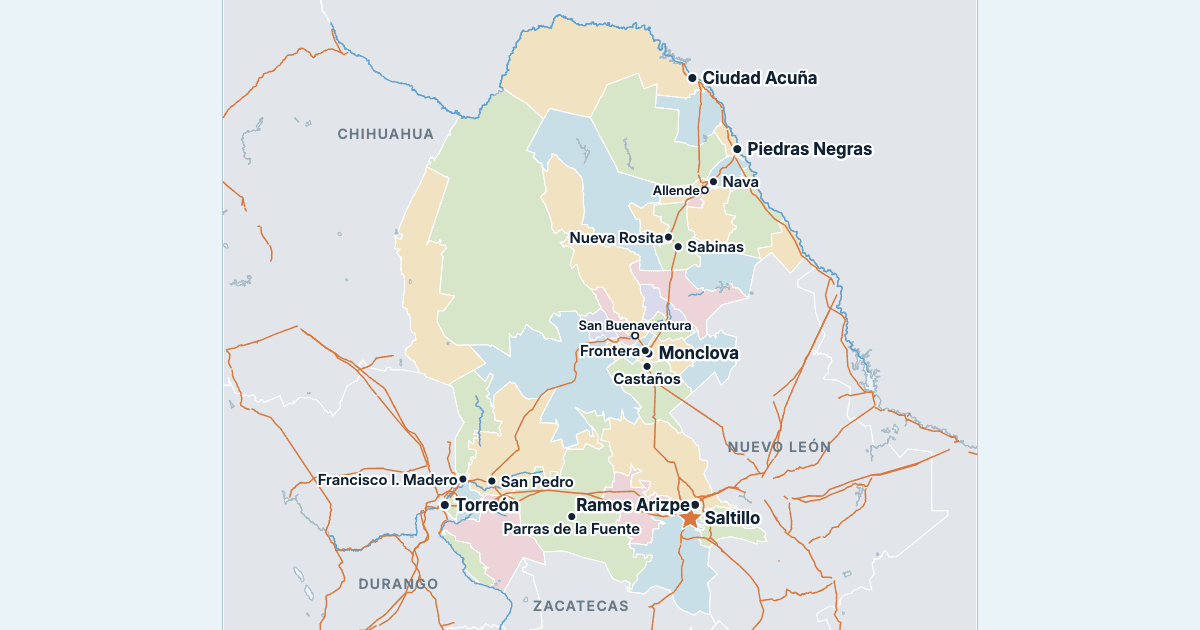 Mapa de Coahuila com as maiores cidades