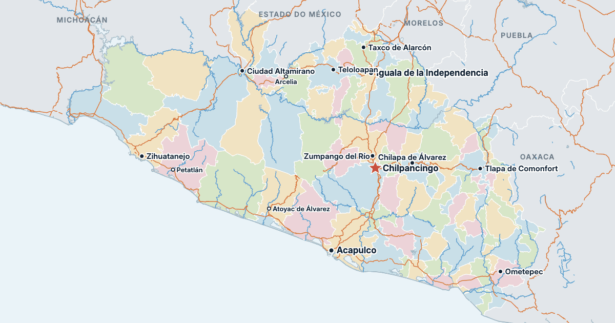 Mapa de Guerrero com as maiores cidades